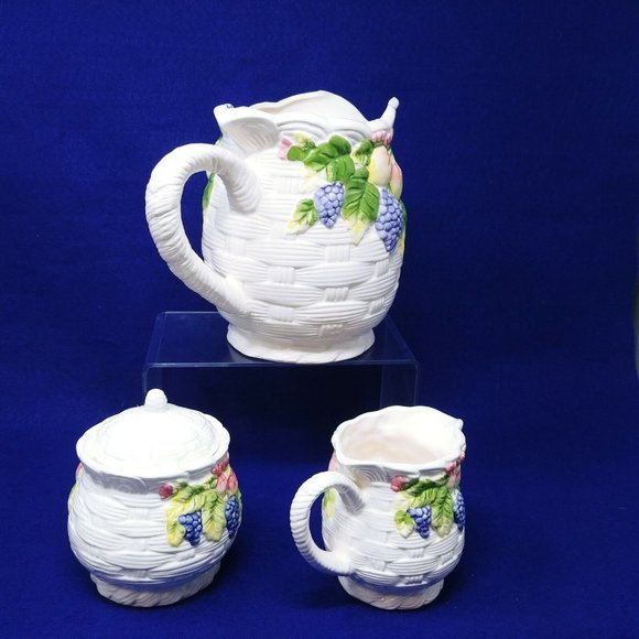 Pitcher Sugar Creamer Set Basket Weave Fruit Pattern Interpur Int'l Ceramic - Picture 5 of 11